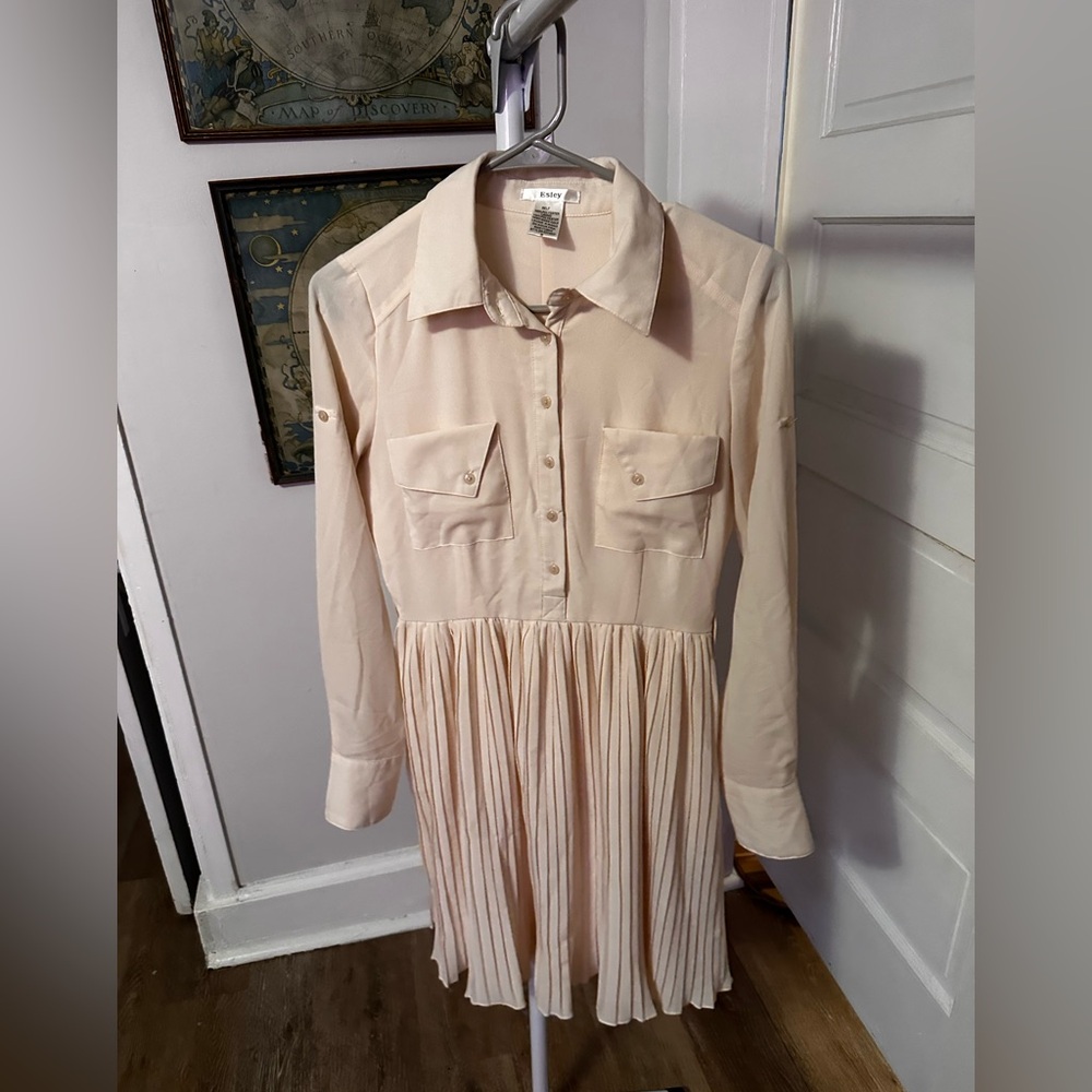 Esley Tan Pleated Long Sleeve Dress
